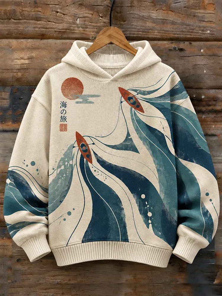 Comstylish Vintage Washed Japanese Ukiyo-e Sea Wave Kayak Print Hooded Sweater