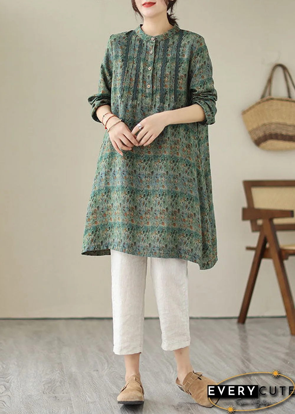 Green Patchwork Cotton Mid Shirts Dress Wrinkled Long Sleeve