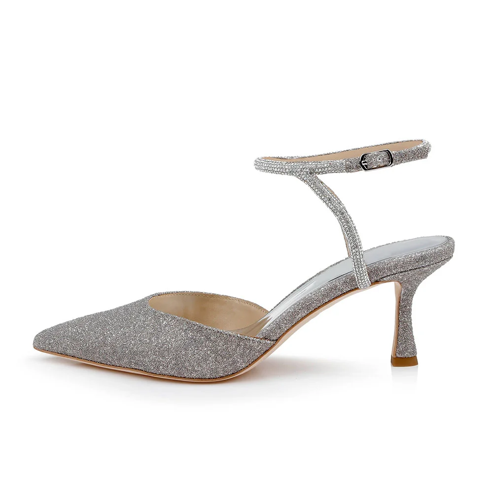 Pointed Toe Stiletto Heel Rhinestone Strap Silver Pumps with Glitter