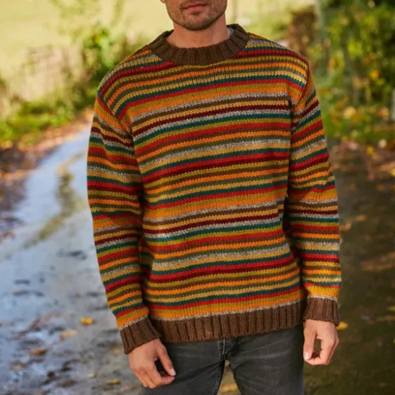 Retro Warm Colorful Striped Knitted Jacquard Iceland Crew Neck Sweater