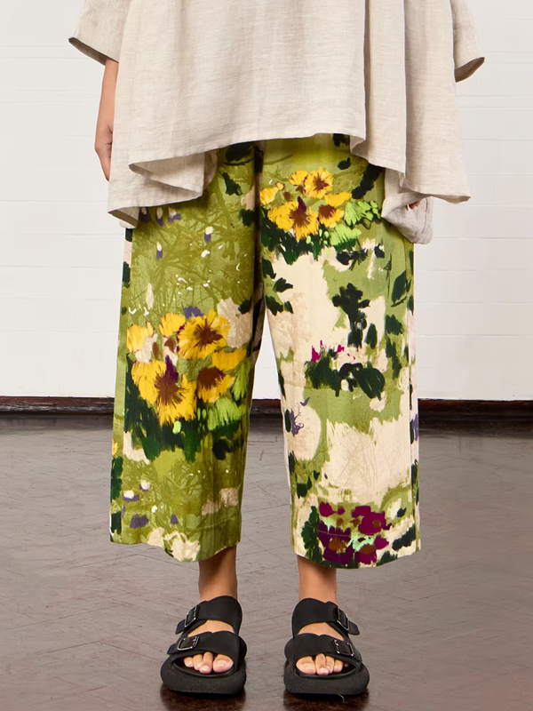 Pull-on Canvas Sunflower Print Pants tjj Shicloths