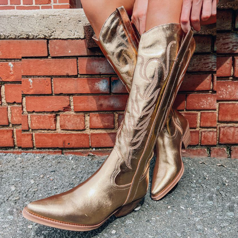 Gold Pointed Toe Embroidered Mid-Calf Western Boots for Women
