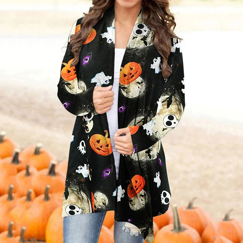 Women's Halloween Funny Ghost And Pumpkin Print Cardigan Coat