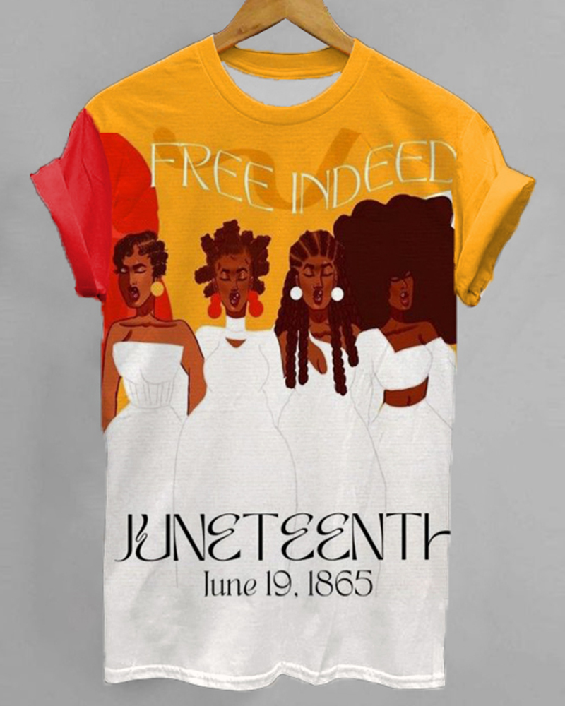 June Festival Color Contrast Cartoon Black Girl Short-sleeved Crew Neck T-shirt