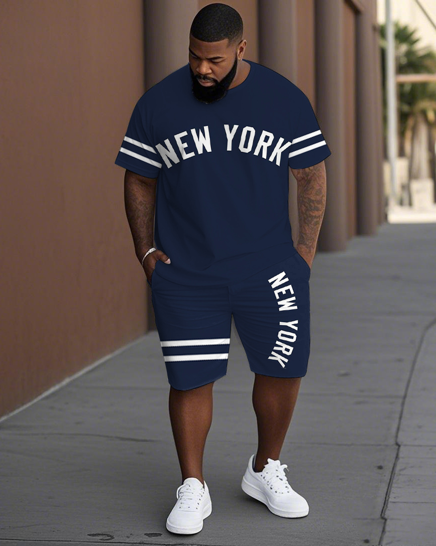Men's Plus Size Old School New York Lettering Stripes Short Sleeve T-Shirt Shorts Suit