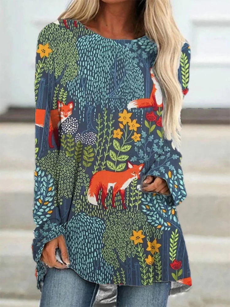 Women's Fox Flower Floral Art Pattern Print Long Sleeve Top