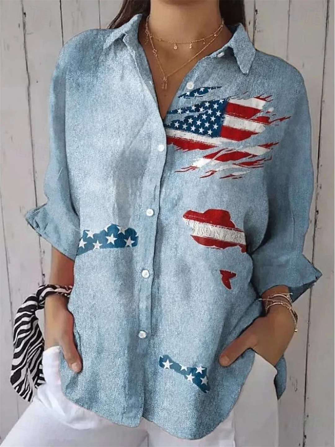 Women 3/4 Sleeve Shirt Collar National Flag Striped Printed Graphic Button Tops