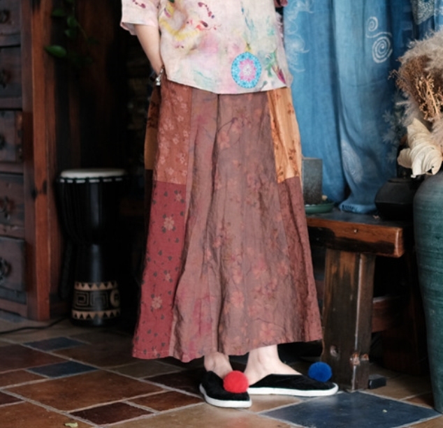 Loose Linen Patchwork Skirts Ladies Elastic Waist 2024  Splice Skirts
