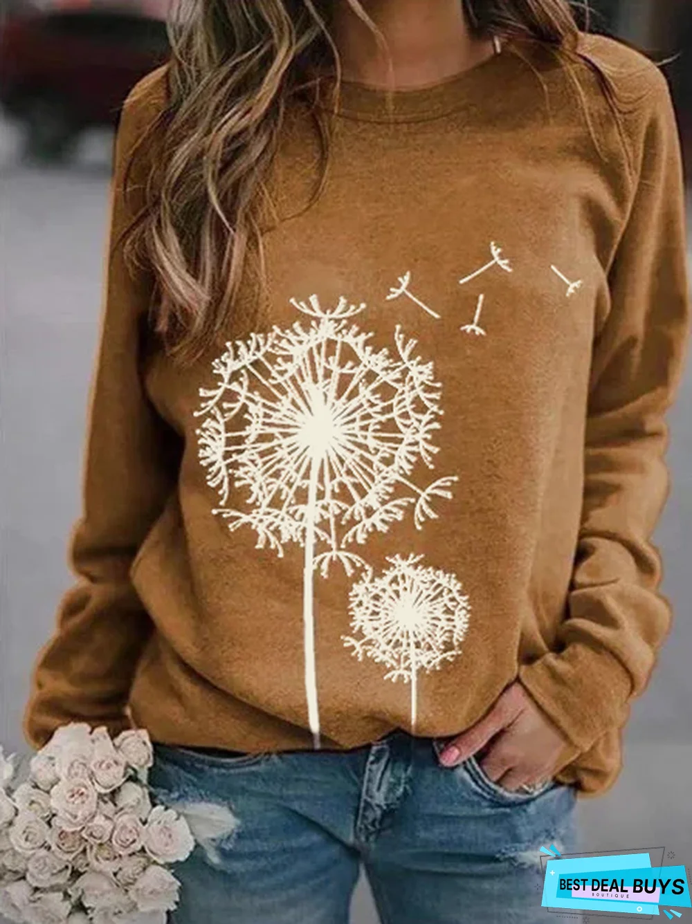 Crew Neck Boho Printed Cotton-Blend Hoodies & Sweatshirt