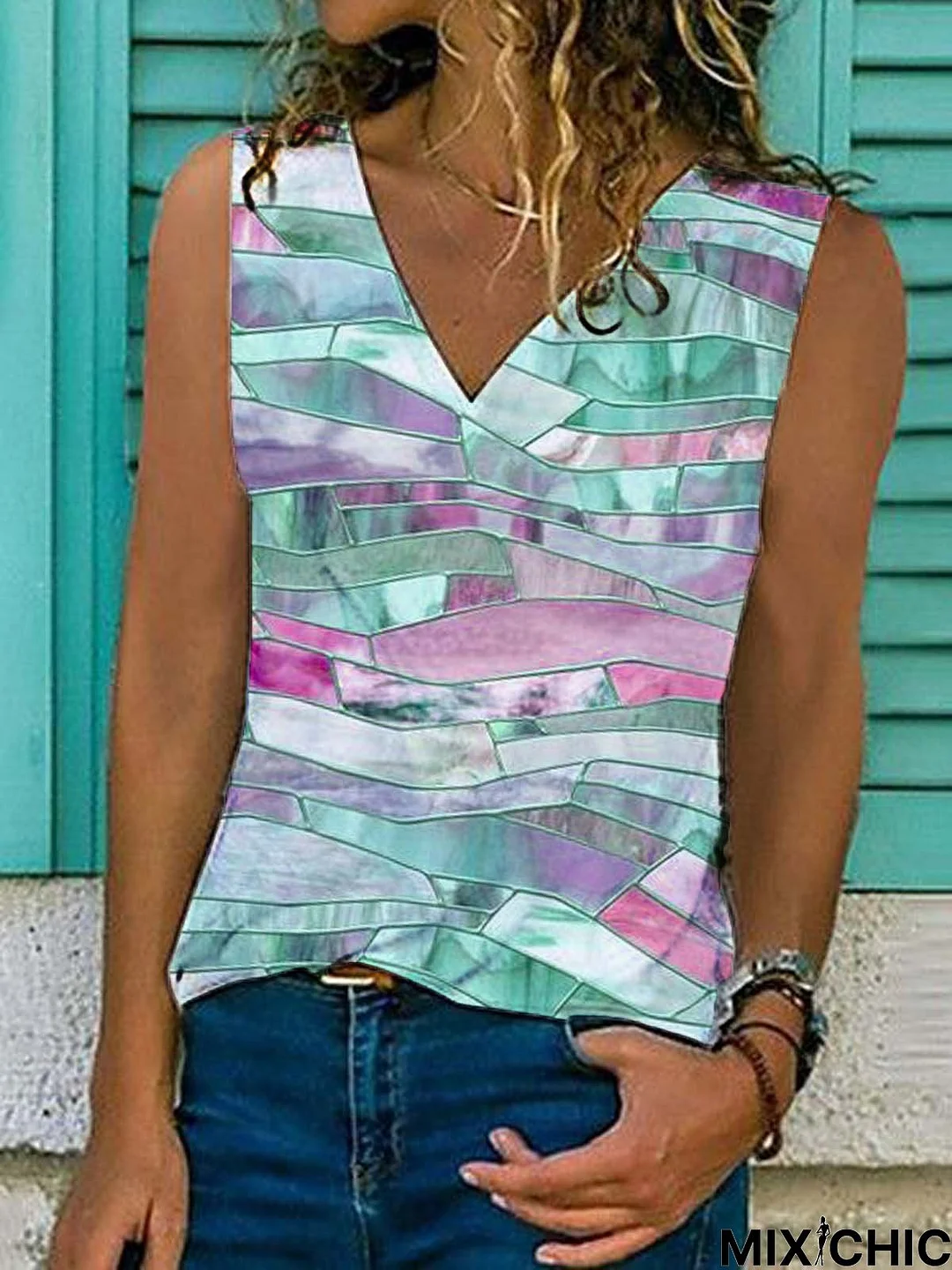 Geometric  Sleeveless  Printed Cotton-blend V neck Vintage Summer Green Top