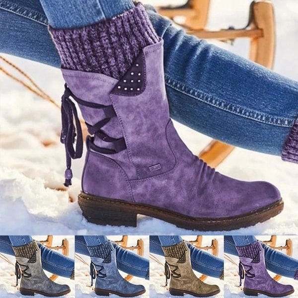 New Fashion Autumn and Winter Women's Boots In The Calf Boots Casual Flat Snow Boots Leather Sweater Bandage Boots Cowgirl Boots Zipper Low Heel Ladies Boots - Shop Trendy Women's Fashion | TeeYours