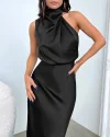 Long Formal Satin Dress Mock Neck High Neck Evening Dress