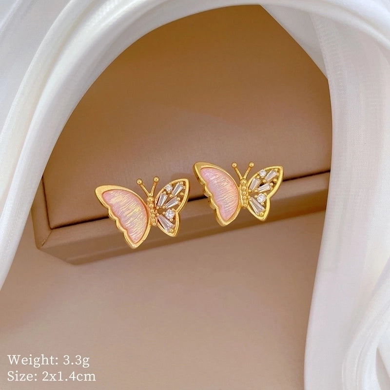 Luxurious Classic Style Artistic Butterfly Titanium Steel Copper Zircon Gold Plated Inlay Jewelry Set