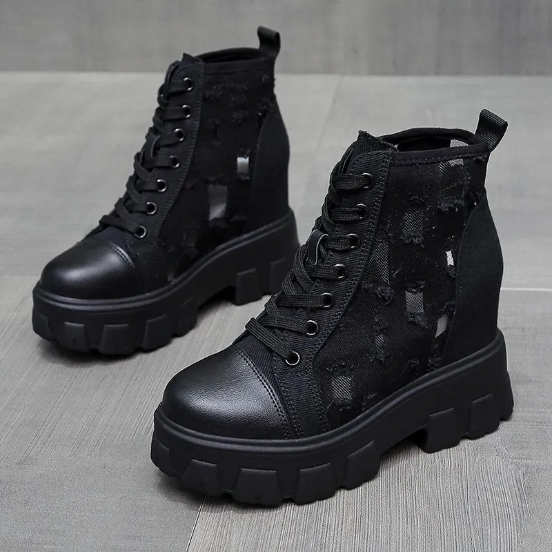 2022 Autumn Hollow Out Canvas Ankle Boots For Women Round Toe Lace Up Hidden Heels Shoes Woman Chunky Platform Booties