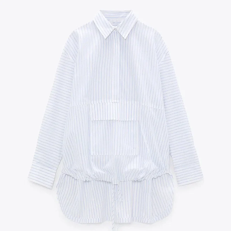 Za Women's Shirts Oversize Striped Blouses Femme Big Pocket Lace up Shirt Long Sleeves Mujer Blusas Loose Casual Spring trf 2021
