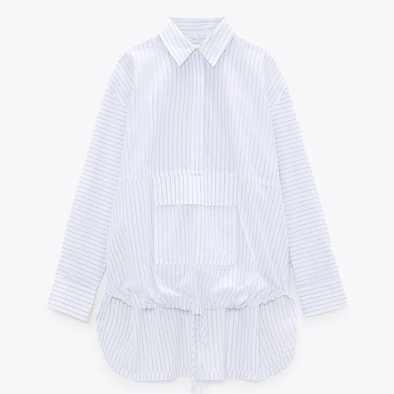 Za Women's Shirts Oversize Striped Blouses Femme Big Pocket Lace up Shirt Long Sleeves Mujer Blusas Loose Casual Spring trf 2021