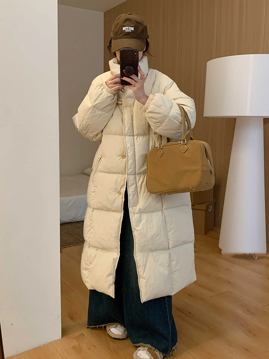 Woherb East Gate Korean Horn Buckle Long Down Jacket Female 2024 Winter Temperament Over The Knee And Thick White Duck Velvet Coat Tide-Outfit Ideas