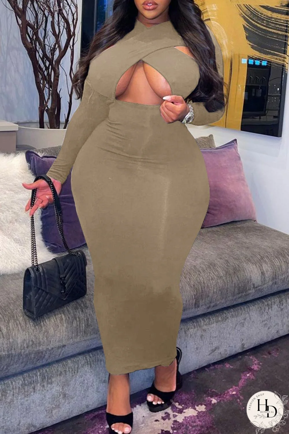 Grey Fashion Sexy Solid Hollowed Out V Neck Long Sleeve Plus Size Dresses