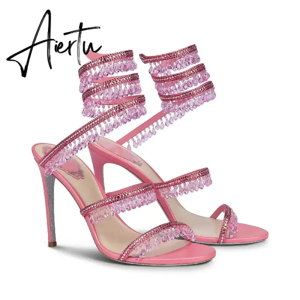 Wedding Fairy Wind Quality Women's Shoes Party Banquet Stiletto High-heel Sexy Snake Wrap Strap Luxury Rhinestone Ankle Sandals Aiertu