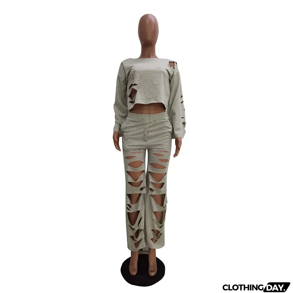 Casual Solid Color Ripped Flared Pants Suit