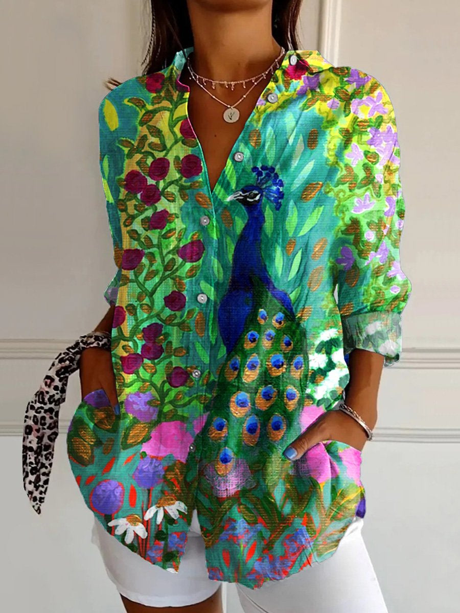 Women's  Peacock Art  Print Casual Cotton Shirt