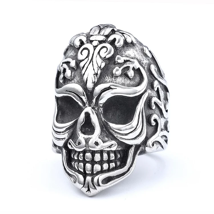 Punk style carved skull ring