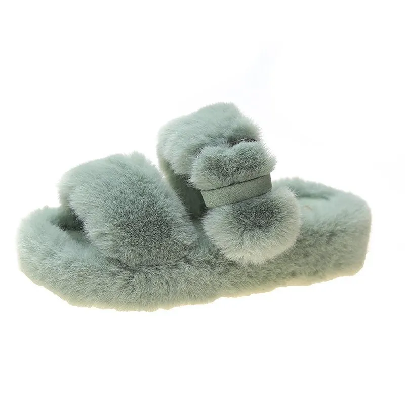 Women's fur Winter slippers 2021 Plush fluffy Home Slippers Women Cozy Soft Warm Furry Indoor House Shoes Platform Flip Flops