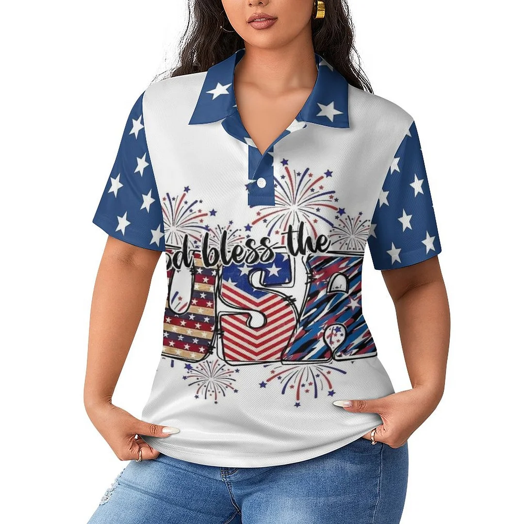Casual Polo-Shirt Short Sleeve Tops  for Women Printed with Pattern USA, Independence Day, Star, Striped, Blue, Red