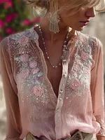 Classy Pink Roses Glitter Embroidered Flowy Linen Blouse