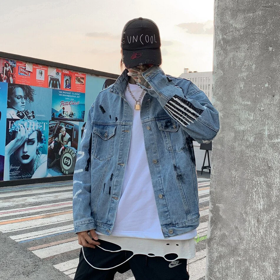 Harajuku Letter Character Mens Jeans Jacket Oversize Hip Hop Blue Jaqueta Masculino Denim Coat Chaqueta Hombre Bomber Jacket