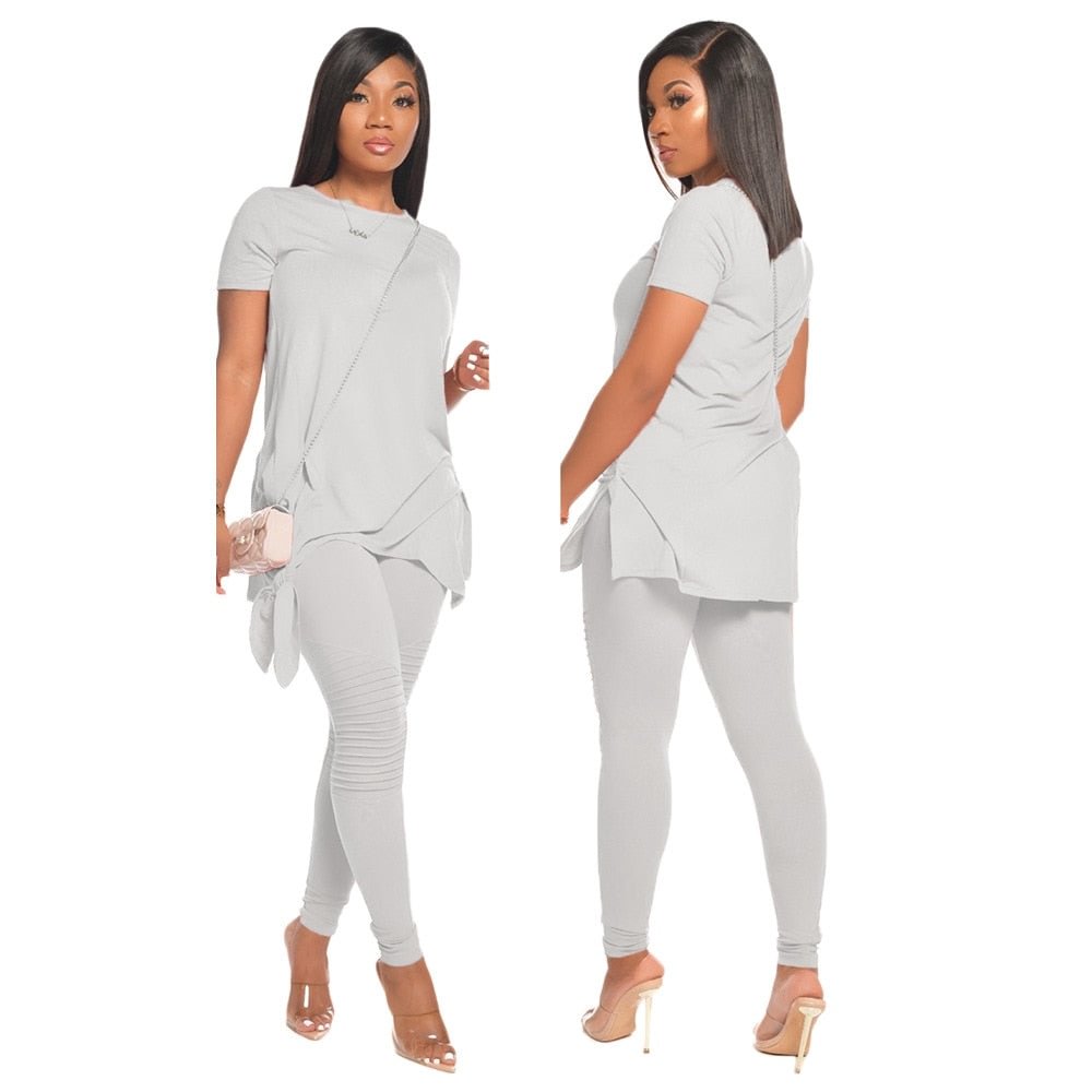 CM.YAYA Active Wear Solid Women's Set O-neck Bow Hem T-shirts Pencil Pants Suit Tracksuit Sporty Two Piece Set Fitness Outfit