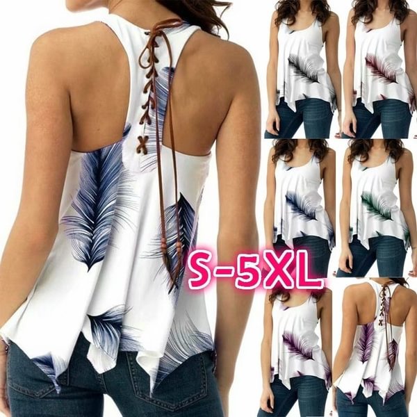Women Tops Tank Bandage Feather Print Sleeveless O-Neck Vest Summer Sport Tank Tops Casual Ladies Blouse T Shirt Tops Plus Size - BlackFridayBuys