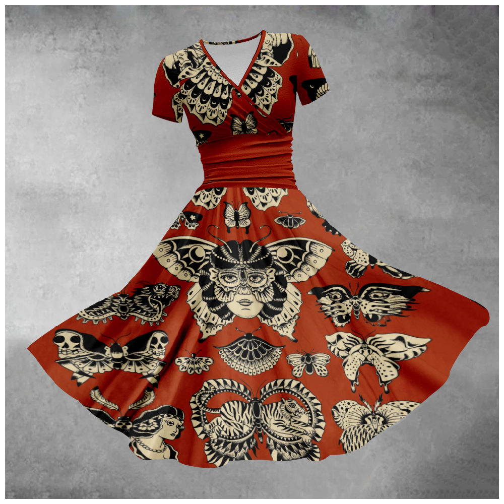 Women's Retro Butterfly Printed Short Sleeved Dress.
