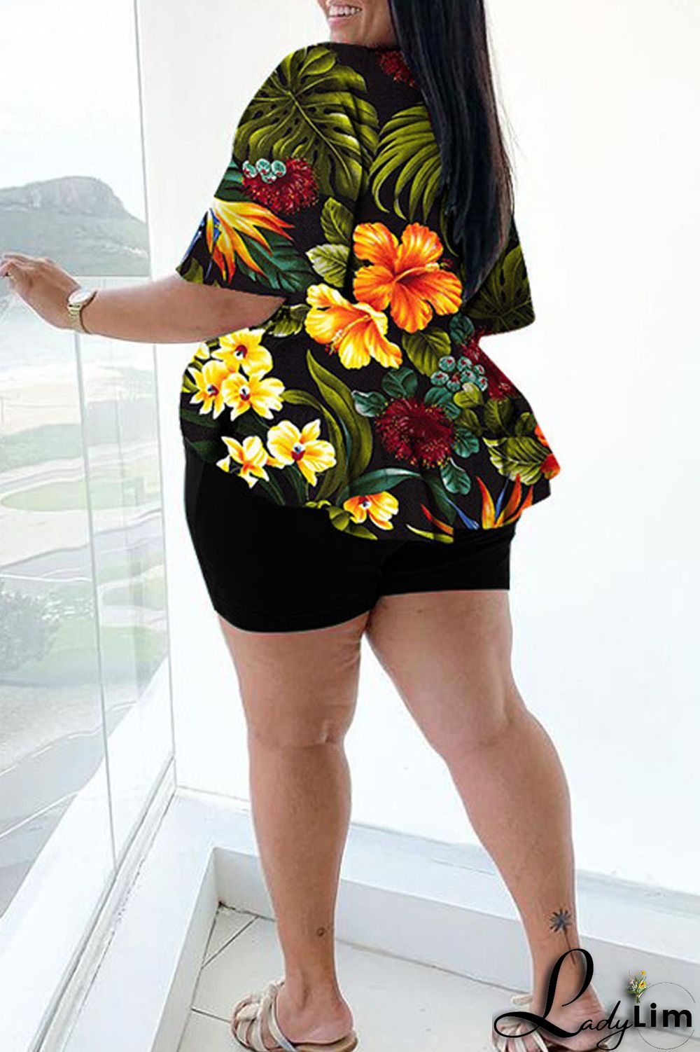 Green Casual Print Bandage Split Joint V Neck Plus Size Two Pieces