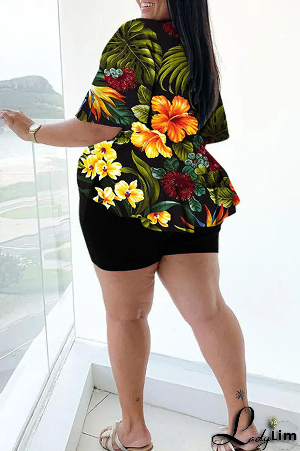 Green Casual Print Bandage Split Joint V Neck Plus Size Two Pieces