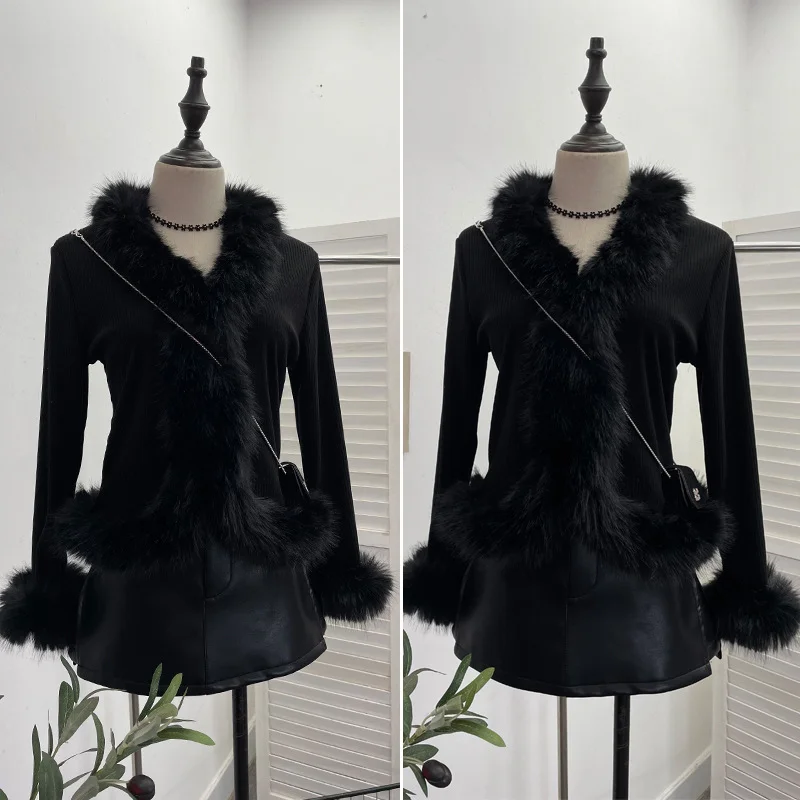 Uveng Real Shooting Babes V Collar Hair Spliced Knitted Cardigan Women Autumn And Winter Decoration Slim Coat Temperament Coat 2676