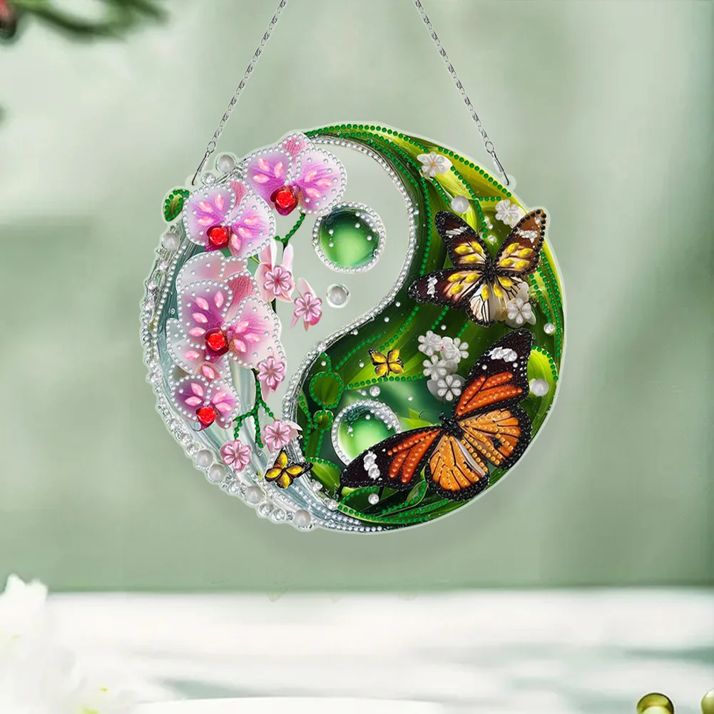 Butterfly Flower Yin Yang 2D Flat DIY Diamond Painting Set Diamond Art Pendant