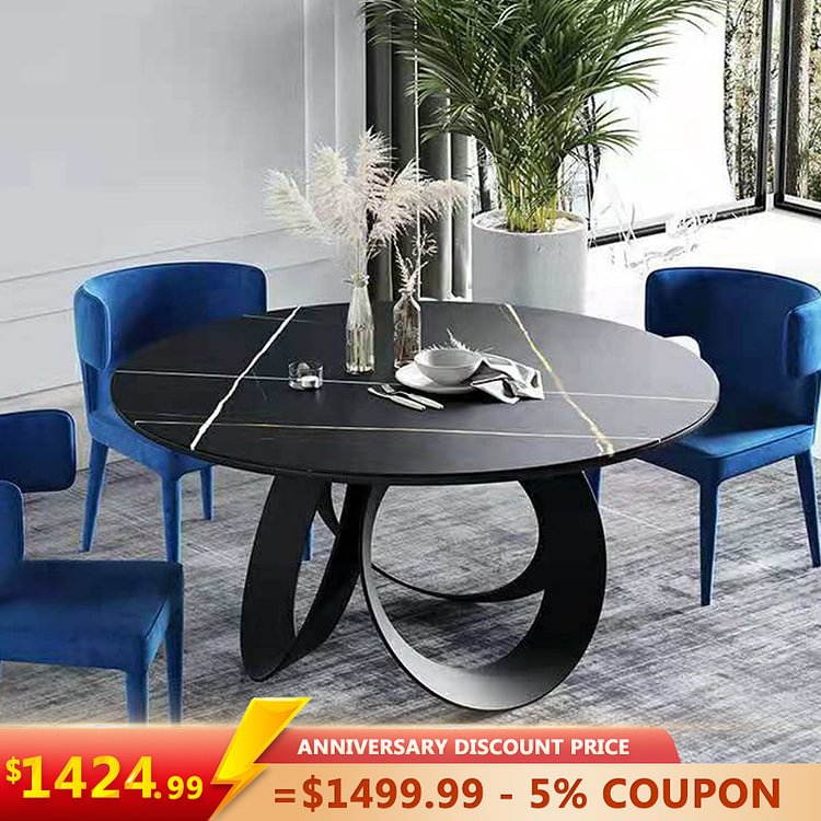 Homemys 59.05"Modern Dining Table Stone Dining Table with X Stainless Steel Base