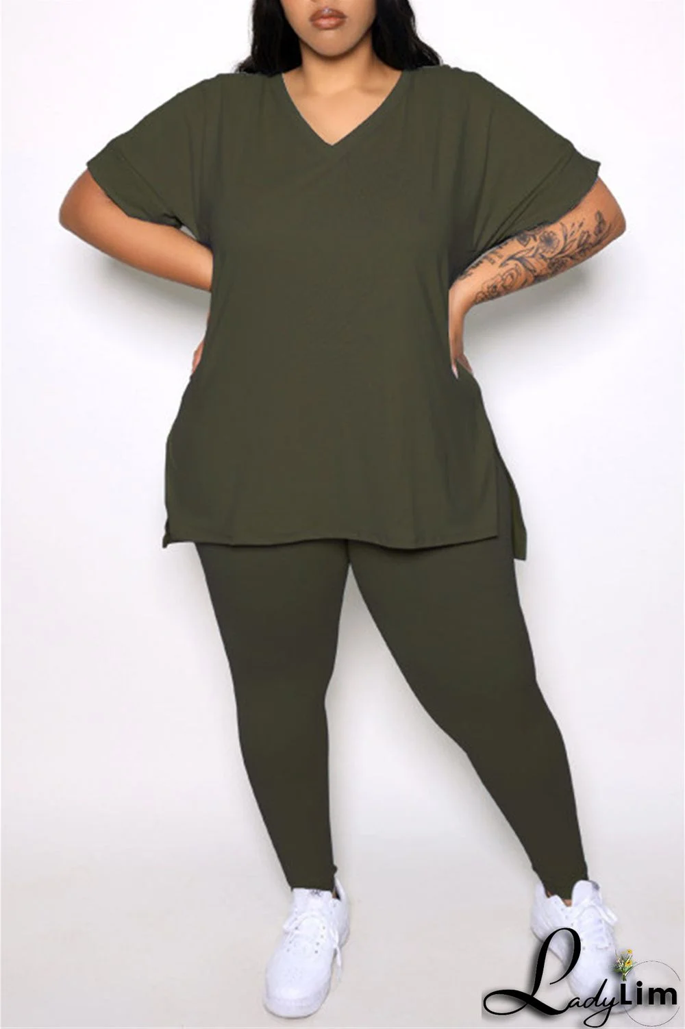 Army Green Fashion Casual Solid Slit V Neck Plus Size Two Pieces