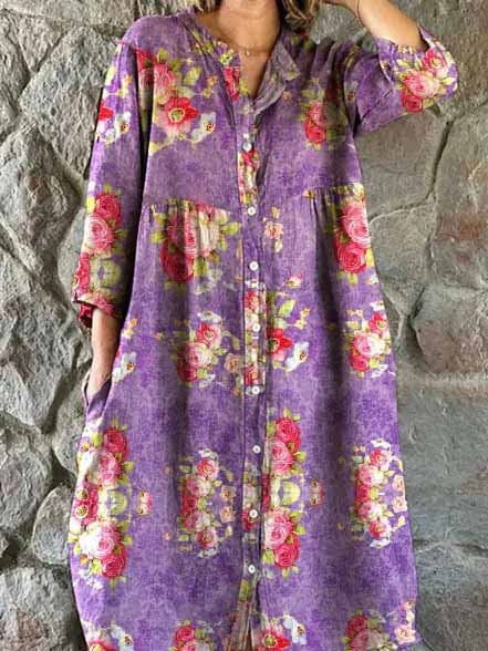 Women's 3/4 Sleeve V-neck Floral Printed Midi Dress