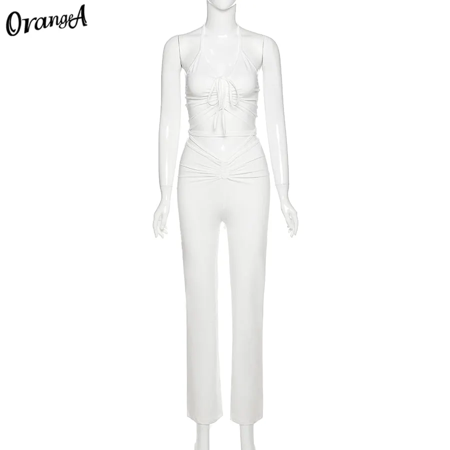 OrangeA women halter bandage v-neck sleeveless ruched tops sweatpants solid matching set sexy clubwear stretchy skinny bodycon