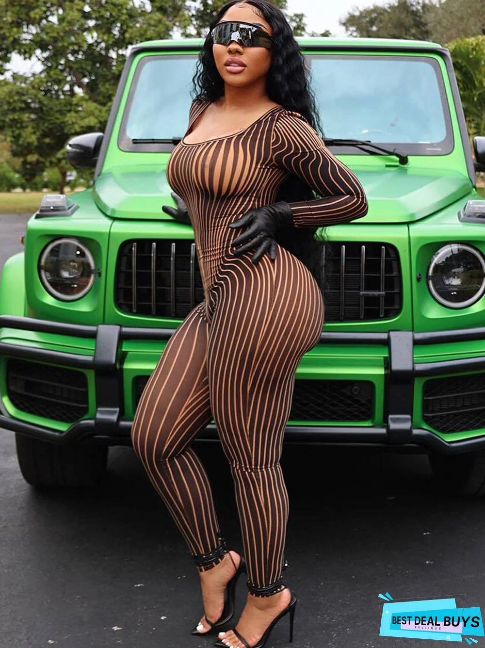 Mesh Striped Print Long Sleeve Bodycon Jumpsuit