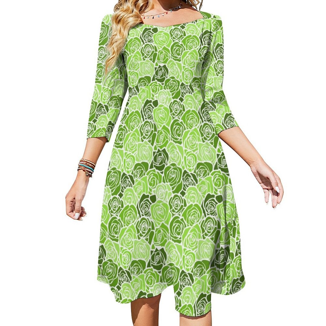 Vintage Green Roses Insulated Water Bottle Dress Sweetheart Tie Back Flared 3/4 Sleeve Midi Dresses