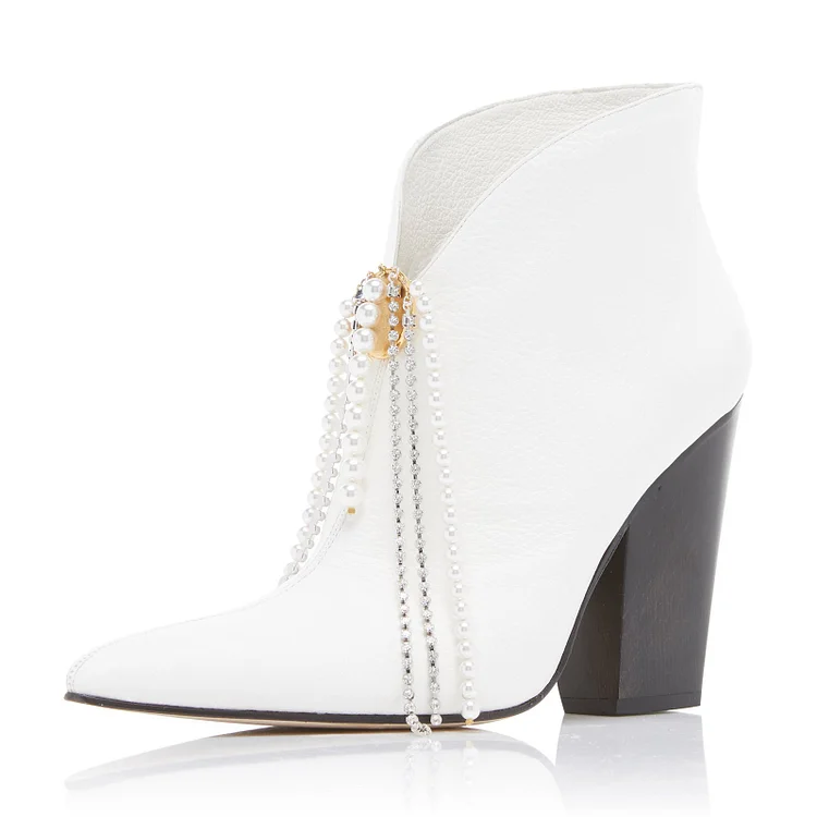 White Pearl Chain Block Heel Ankle Fashion Boots Vdcoo