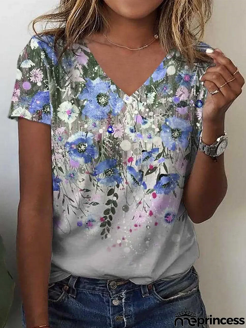 Women's Floral Printed Short Sleeve V-neck Top