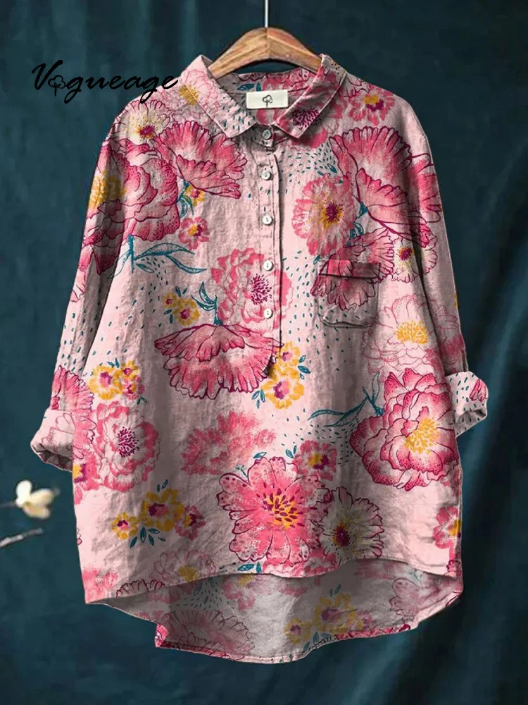Elegant Gentle And Bright Flowers Print Cotton And Linen Shirt
