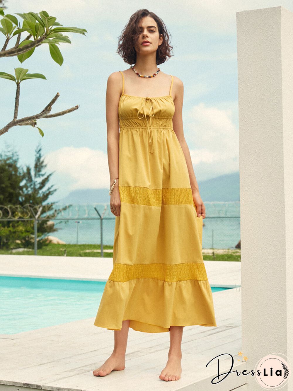 Solid Color Tie Front Open Back Spaghetti Strap Maxi Dress