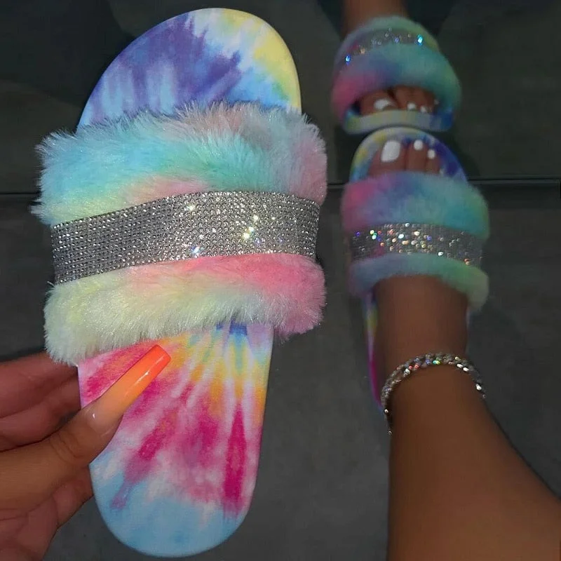 Fur Slides for Women Furry Sandals Glitter Slides with Fur Fury Slippers Shoes 2020 Wholesale Dropshipping Free Fast Shipping