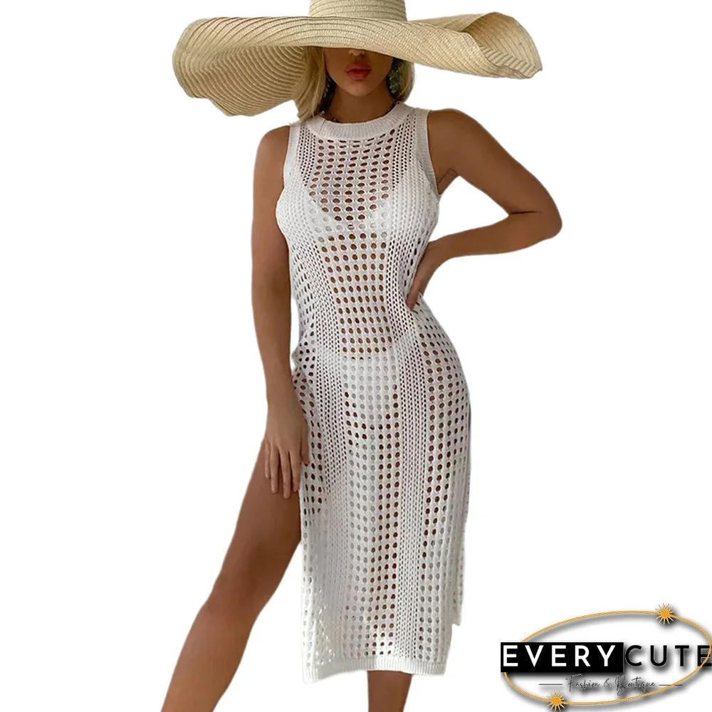 White Hollow-out Crochet Sleeveless High Split Beach Cover