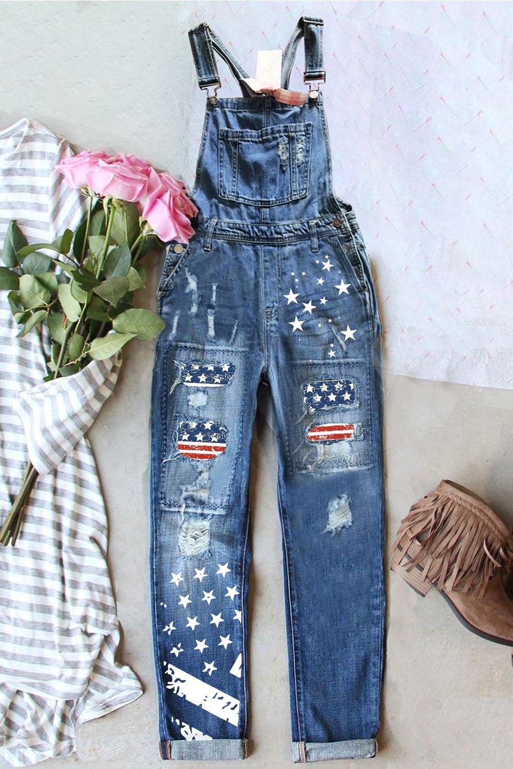 American Flag Star Print Casual Denim Bib Overalls Jeans